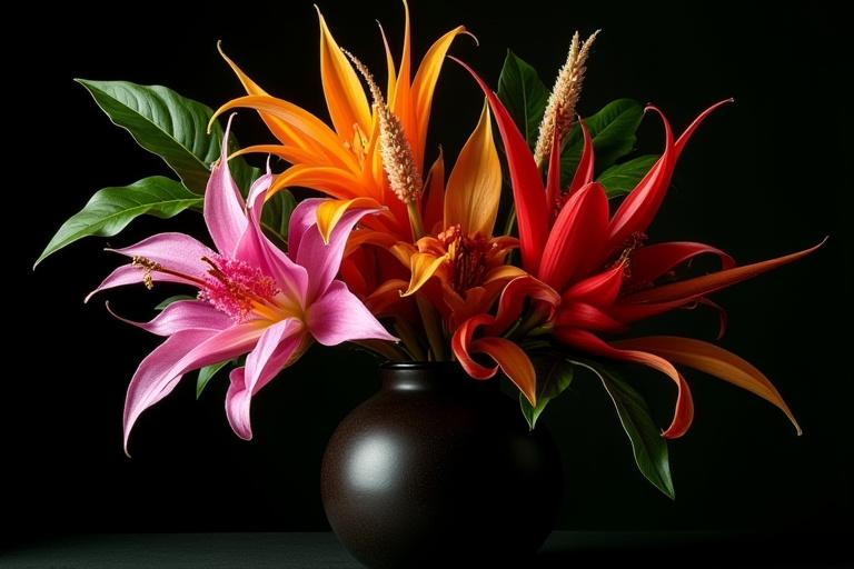 Ein exotisches Bouquet mit Orchideen und einzigartigen tropischen Blumen, für besondere Momente.