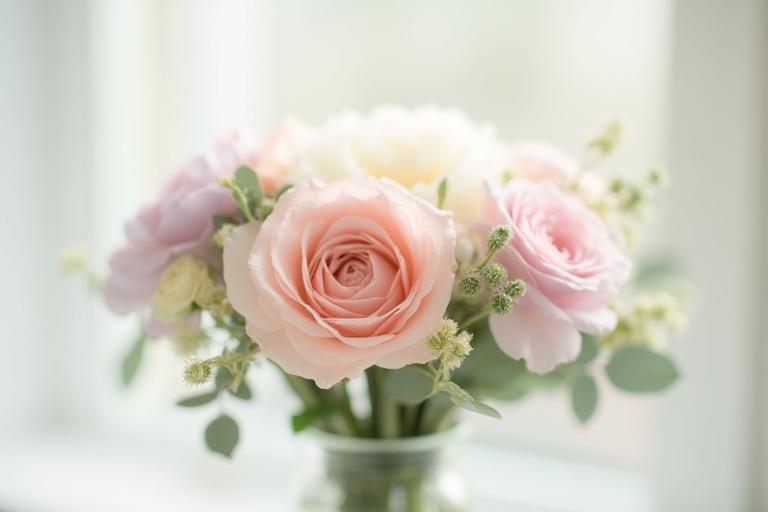 Ein zarter Strauß in Pastelltönen mit Rosen, Nelken und Eukalyptus, ideal als Genesungsgruß oder für eine zarte Geste.