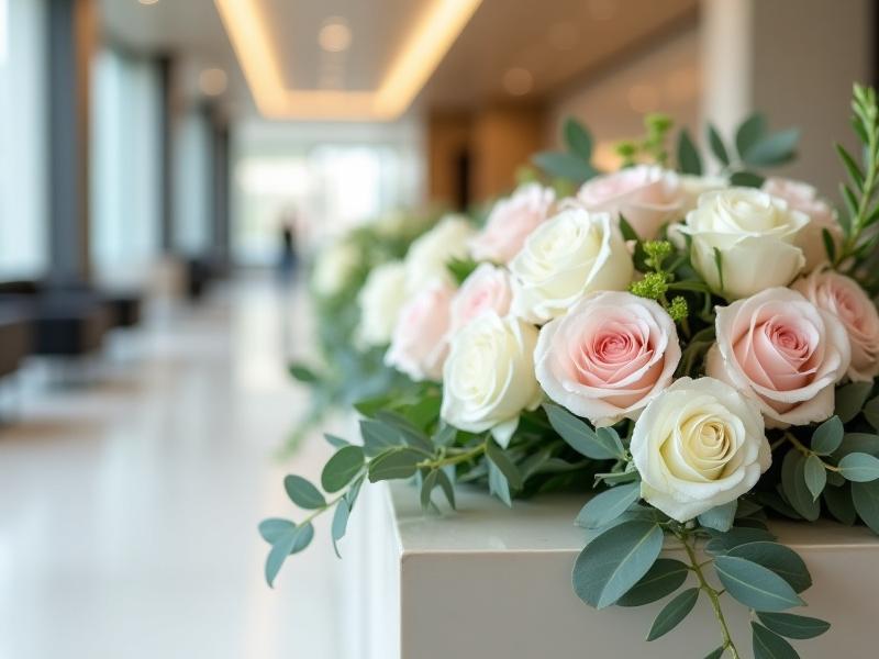 Detailaufnahme eines eleganten Tischgestecks im Foyer eines modernen Bürogebäudes.