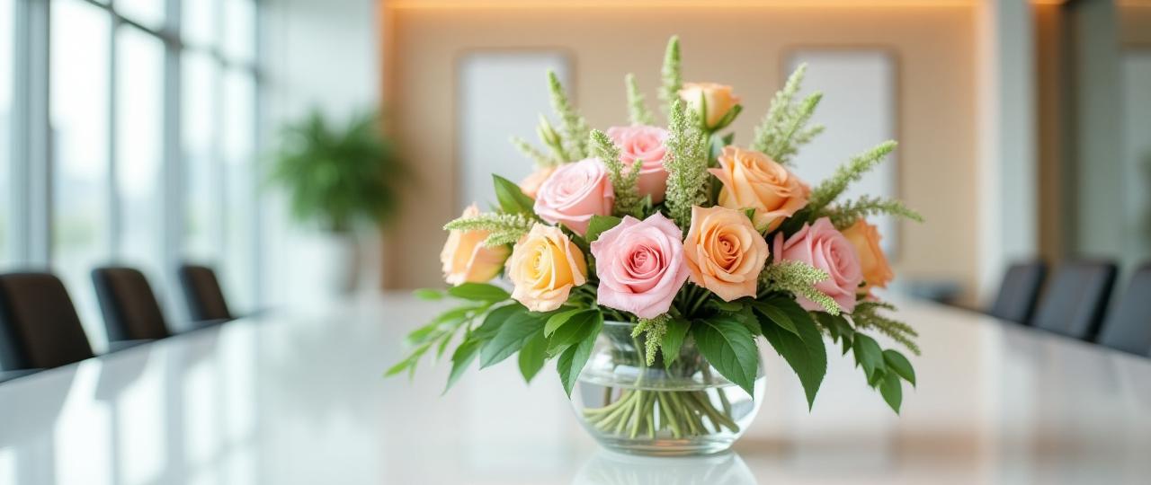 Elegantes Blumenarrangement in einem modernen Bürobereich, das Professionalität und ein angenehmes Arbeitsklima symbolisiert.
