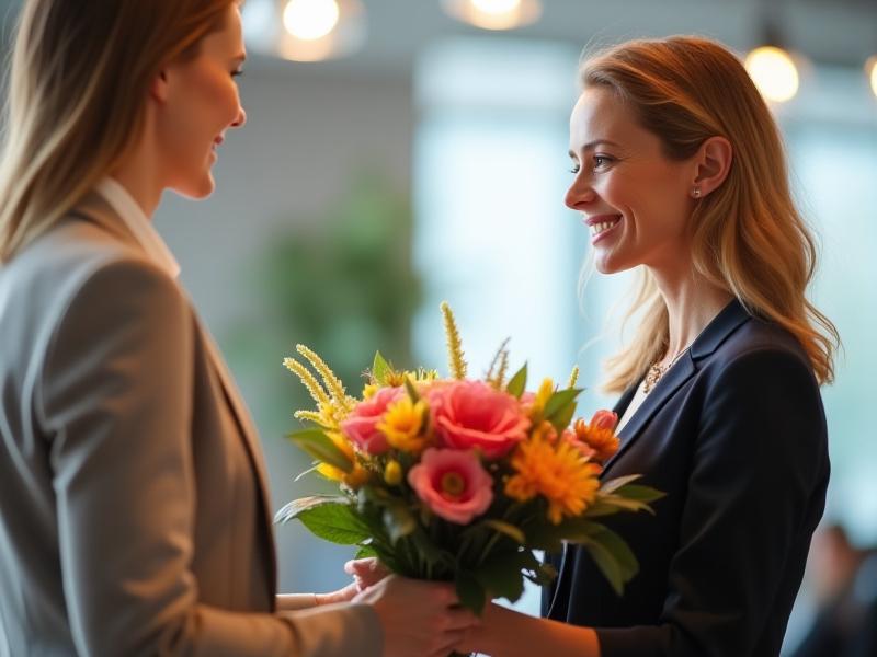Eine Mitarbeiterin erhält einen Blumenstrauß als Wertschätzung für ihre Leistung.