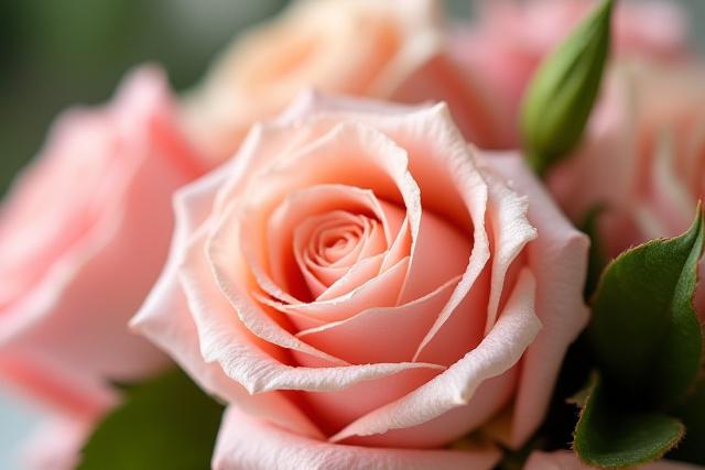 Nahaufnahme eines detailreichen Blumenarrangements mit Rosen und Grün
